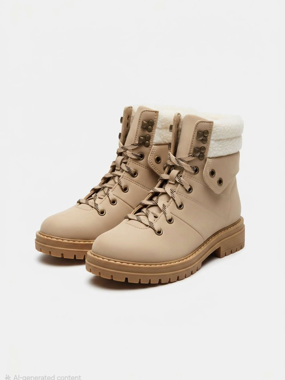 Time and Tru Tan Faux-Shearling Fold-Over Lace-Up Boots 7 1/2